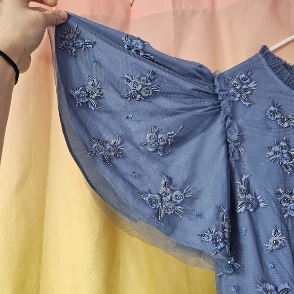 Ivy City Co Blue Anastasia Tiered Beaded Embellished Tulle Maxi Dress Formal - Picture 7 of 13